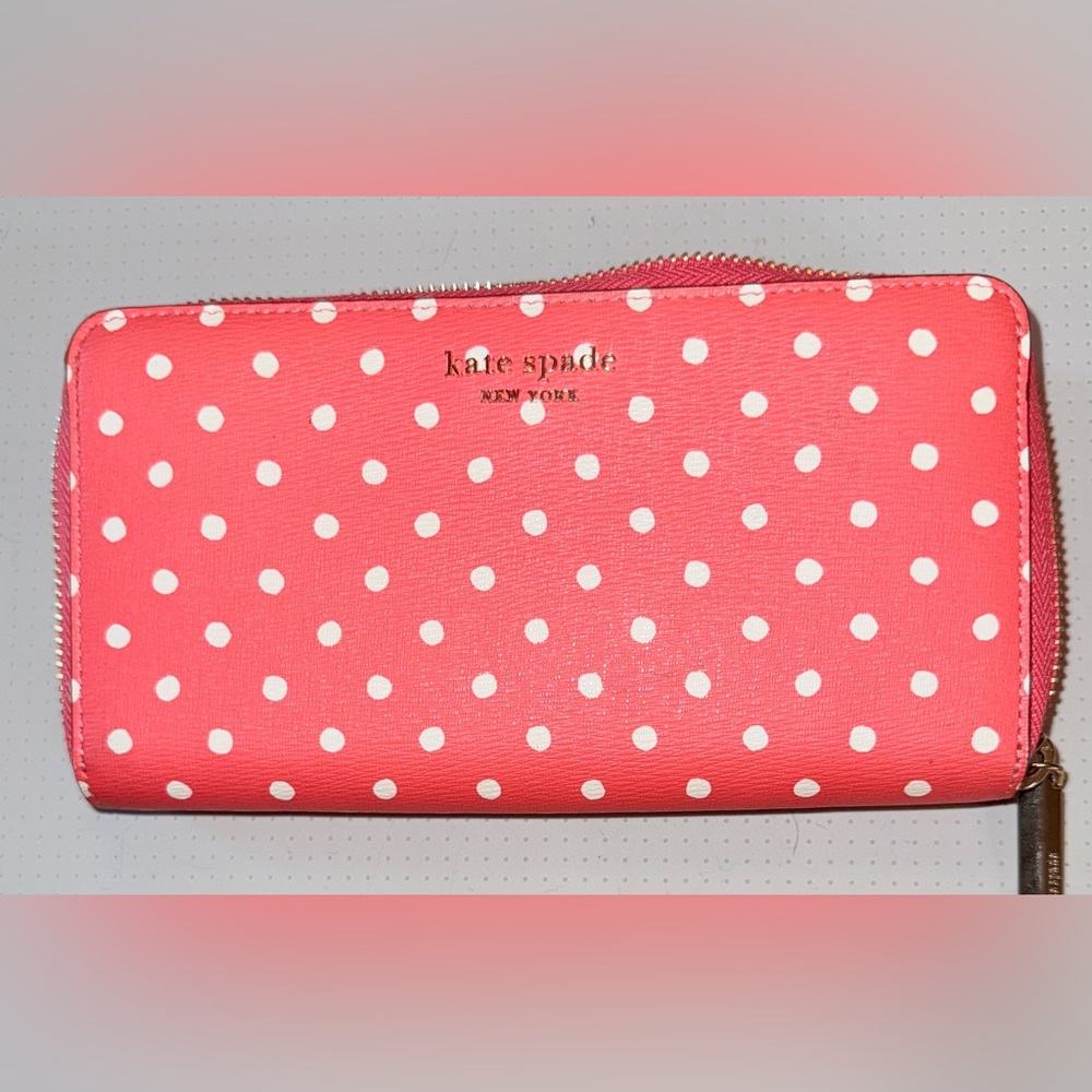 EUC Kate Spade Coral and White Polka Dot Wallet